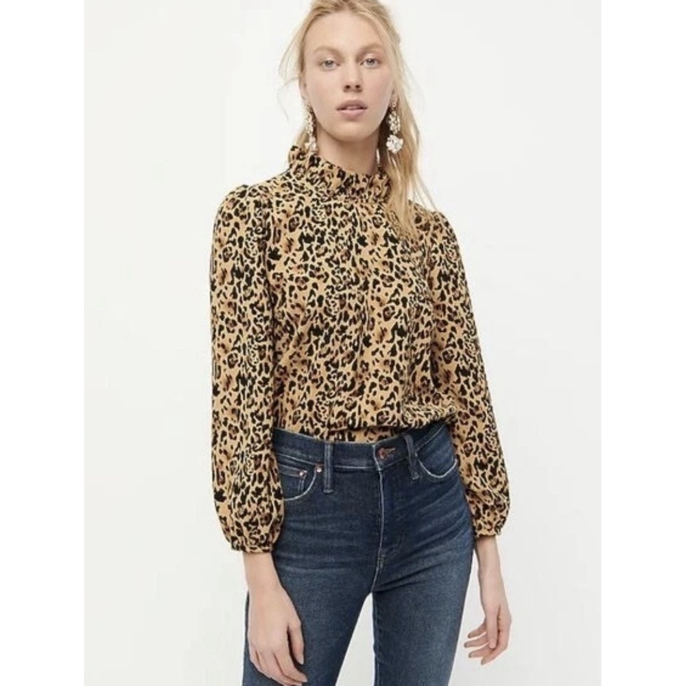 J.Crew Smocked Mock Neck Leopard Print Blouse Long Sleeve Sheer Animal Top S